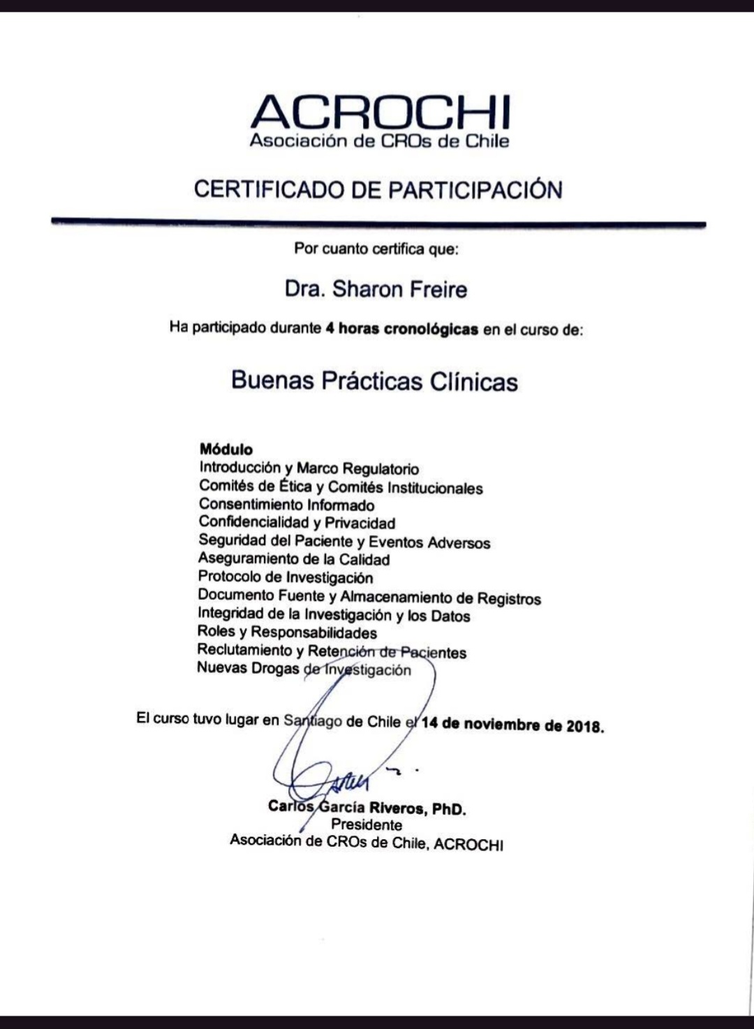 Certificado - Buenas Prácticas Clínicas (Chile)